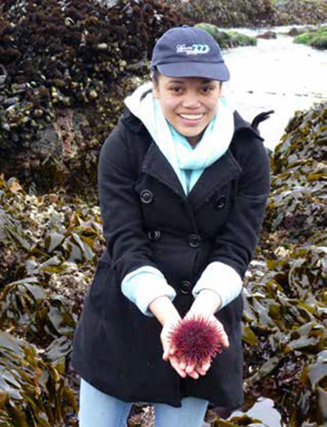 A person in their 20s wearing a hat and peacoat holds a sea urchin while standing in seaweed